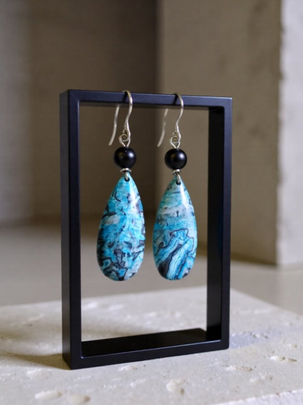 Blue & Gray Crazy Lace Agate ~ Elongated Teardrop Earrings ~ Modern Casual Chic